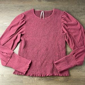 Anthropologie Smocked Puff-sleeved Long Sleeve Ribbed Top Mauve Pink, size XL